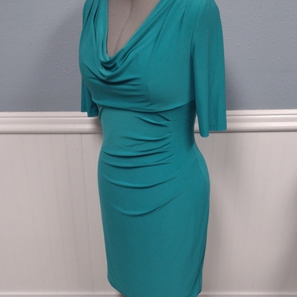 Lauren Ralph Lauren Asymmetrical Ruched Cowl Neck Dress in Blue Green - Picture 4 of 15